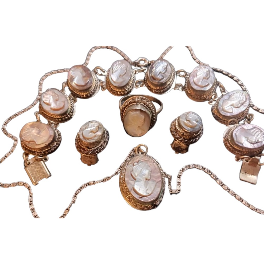 Victorian Antique Abalone Cameo SET 800 silver Bracelet ring necklace earrings - Picture 6 of 12